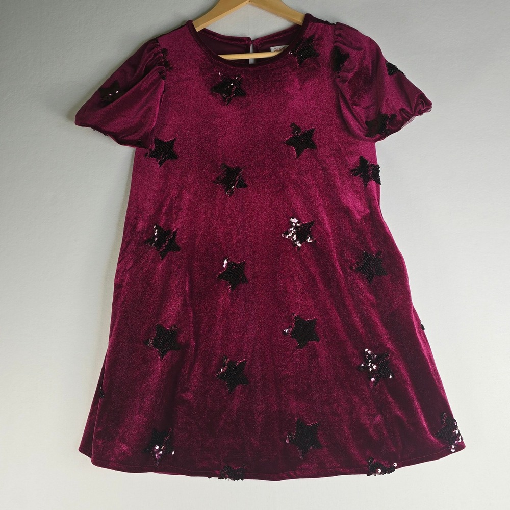 Cat & Jack Girls Velvet Sequin Star Dress Burgundy Red Pockets Size L 10/12